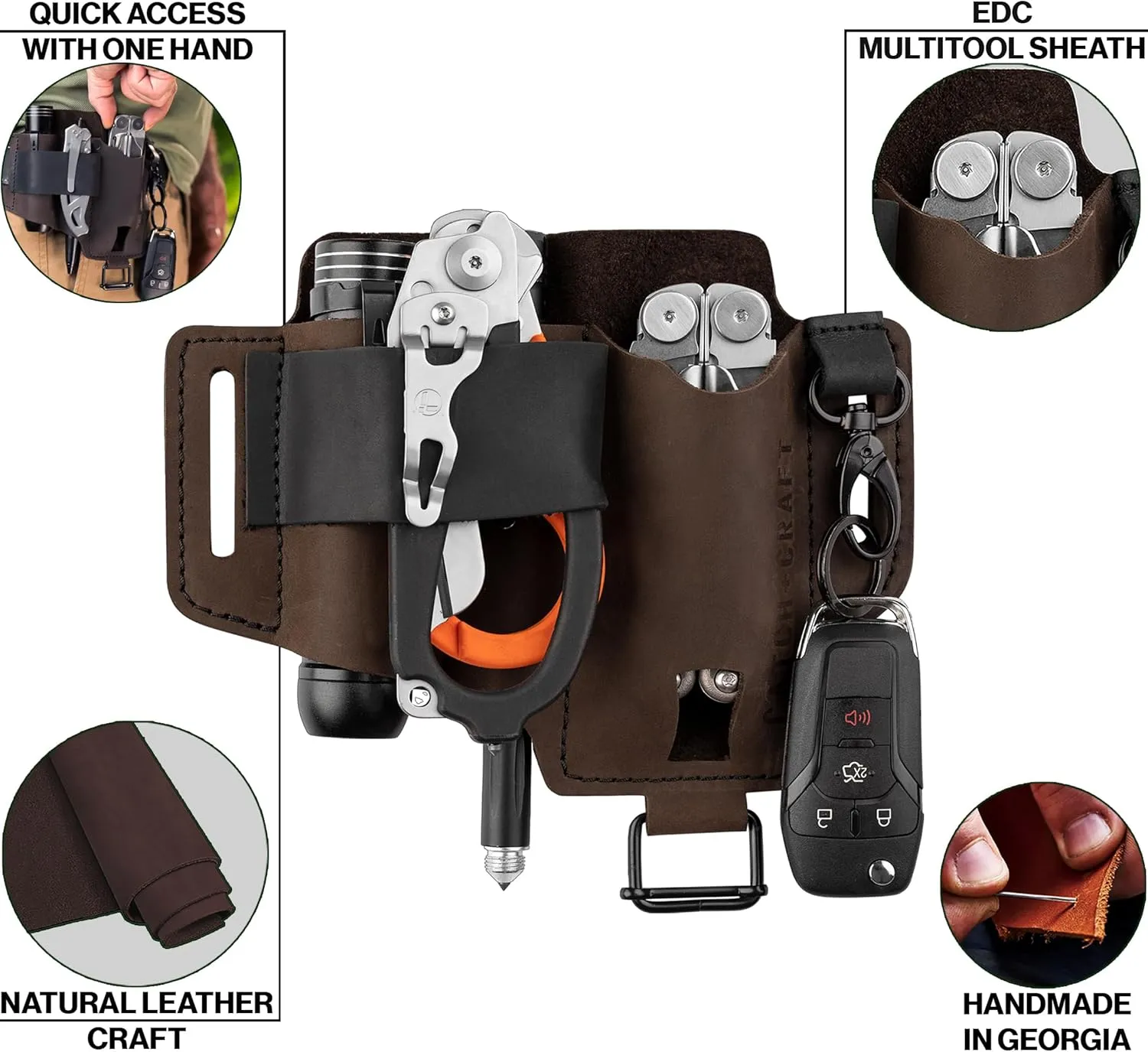 EDC Multitool Sheath for Belt - Compact Knife and Flashlight Holster for Daily use - Leatherman Sheath for Men - Handmade Leather EDC Tool Organizer - Belt Pouch for Work - CatchandCraft