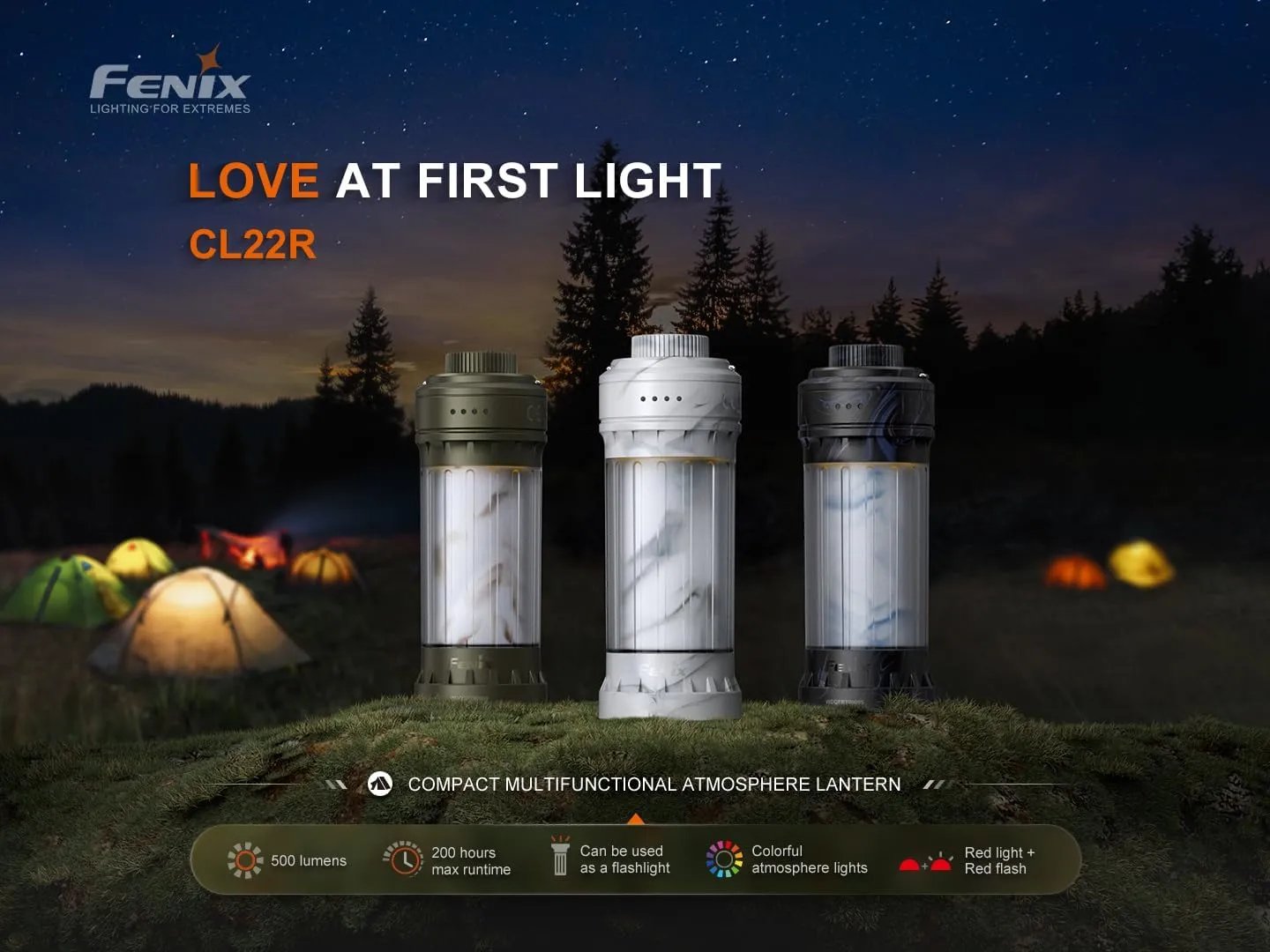 EdisonBright Fenix CL22R 500 Lumen USB-C Rechargeable White/red/Multicolor Output Camping Lantern/Work Light Rechargeable Battery, with EBR Charging Cable (Black)