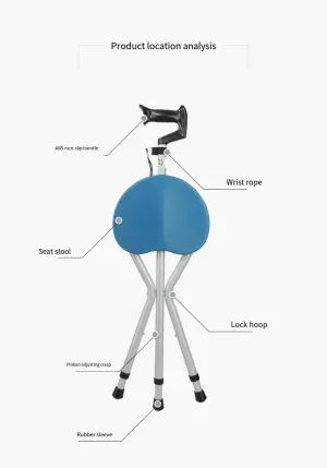 Elderly specific three legged stool, hiking cane, folding cane stool, stable and comfortable seat, Brown