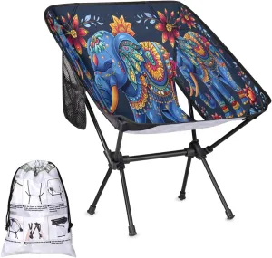 Elephant Boho Portable Camping Chair Lightweight Folding Backpacking Chair, Compact Foldable Beach Seat with Carry Bag for Outdoor Hiking Fishing Travel