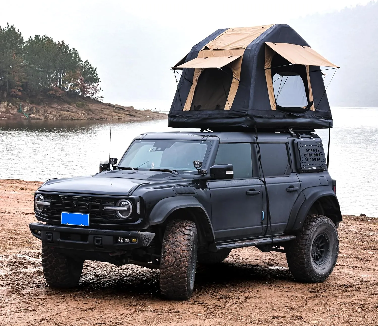 Elevated Inflatable Roof Tent for Adventurous Camping, Quick Setup and Comfortable Shelter, Khaki & Black