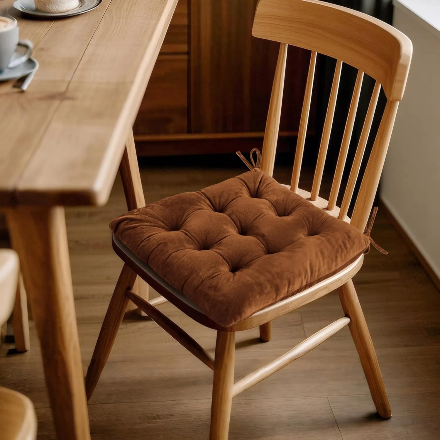 ELFJOY 4 Pack Chair Cushions for Dining Chairs Chair Pads Cushion for Kitchen Office Tufted Square Seat Cushion with Ties (16" Coffee Velvet)