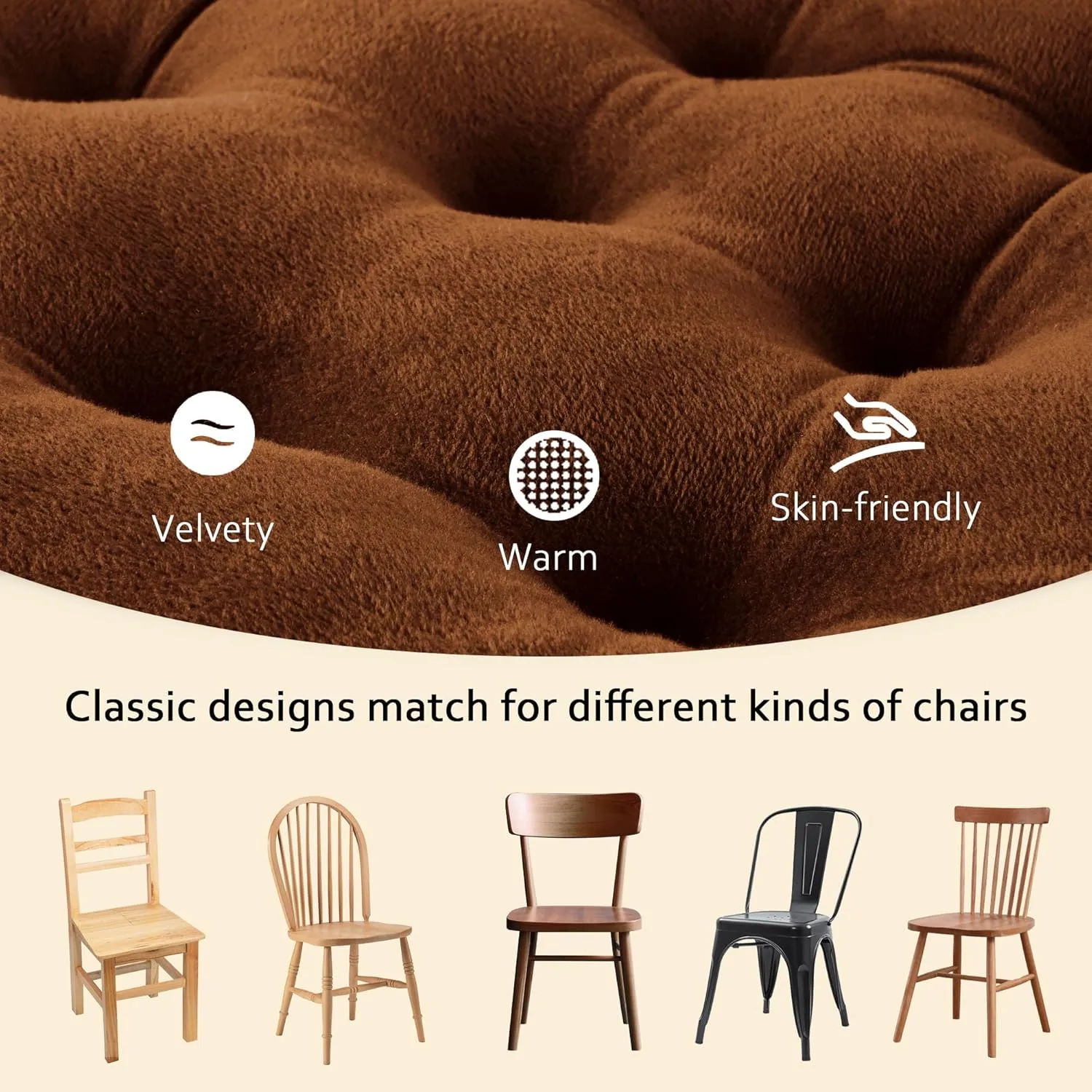 ELFJOY 4 Pack Chair Cushions for Dining Chairs Chair Pads Cushion for Kitchen Office Tufted Square Seat Cushion with Ties (16" Coffee Velvet)