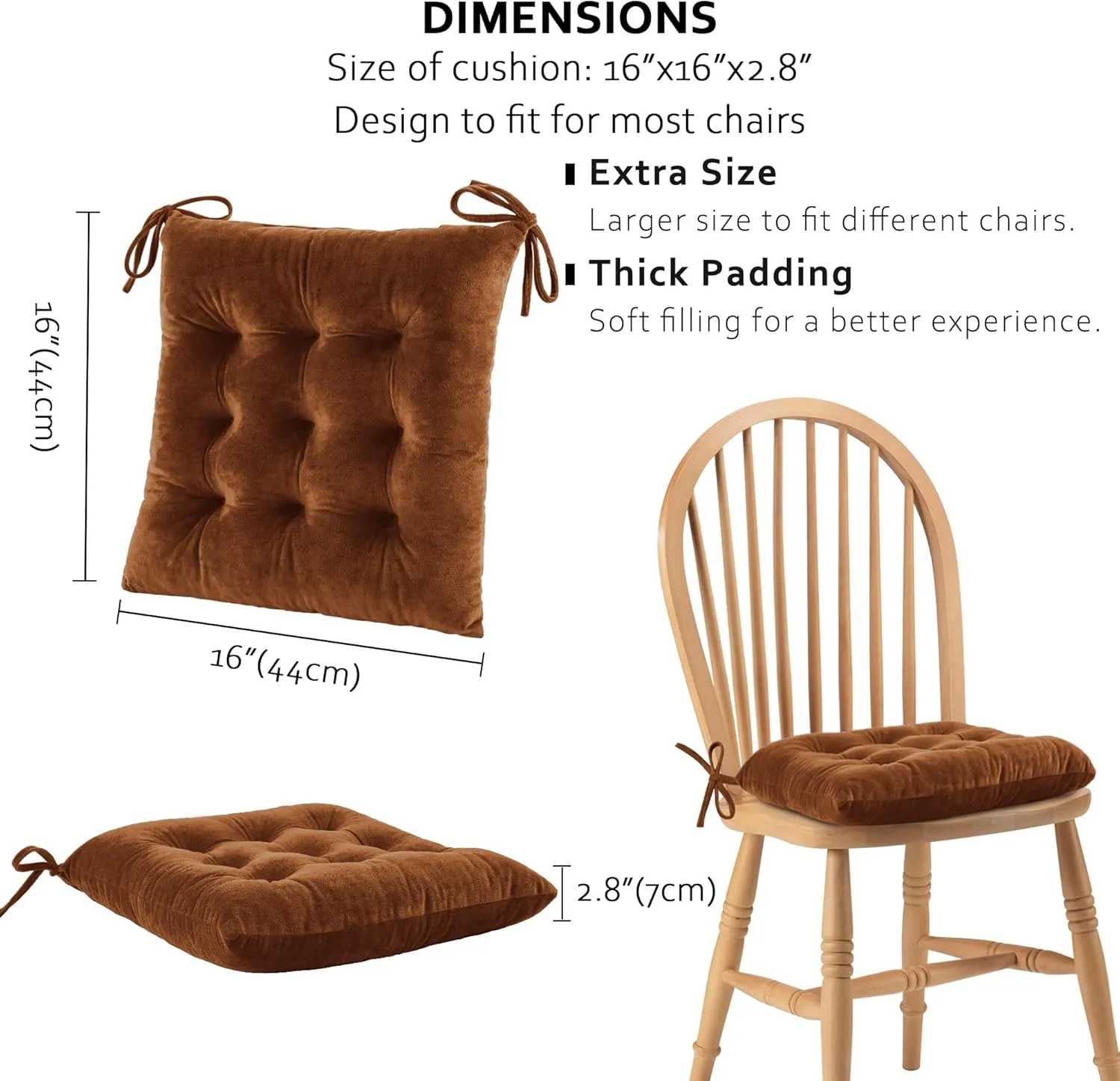ELFJOY 4 Pack Chair Cushions for Dining Chairs Chair Pads Cushion for Kitchen Office Tufted Square Seat Cushion with Ties (16" Coffee Velvet)