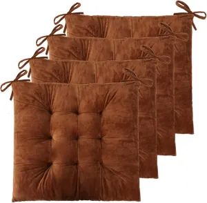 ELFJOY 4 Pack Chair Cushions for Dining Chairs Chair Pads Cushion for Kitchen Office Tufted Square Seat Cushion with Ties (16" Coffee Velvet)