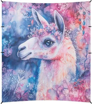 Enchanted Llama with Blossom Halo Foldable Beach Canopy UPF50  Easy Setup Large Sun Shade with Sandbags & Sand Shovel for Backyard, Grassland, Park