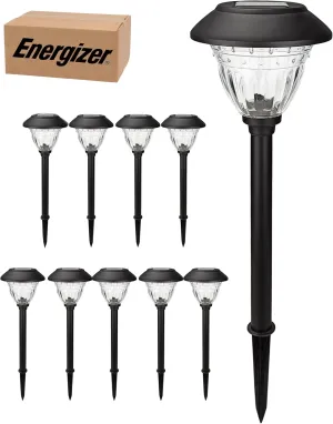 Energizer LED Solar Pathway Lights - 10 Pack of [Black] Outdoor Solar Lights - IP65 Waterproof w/Auto On/Off - Patterned Glass and Metal Construction Coated in Black