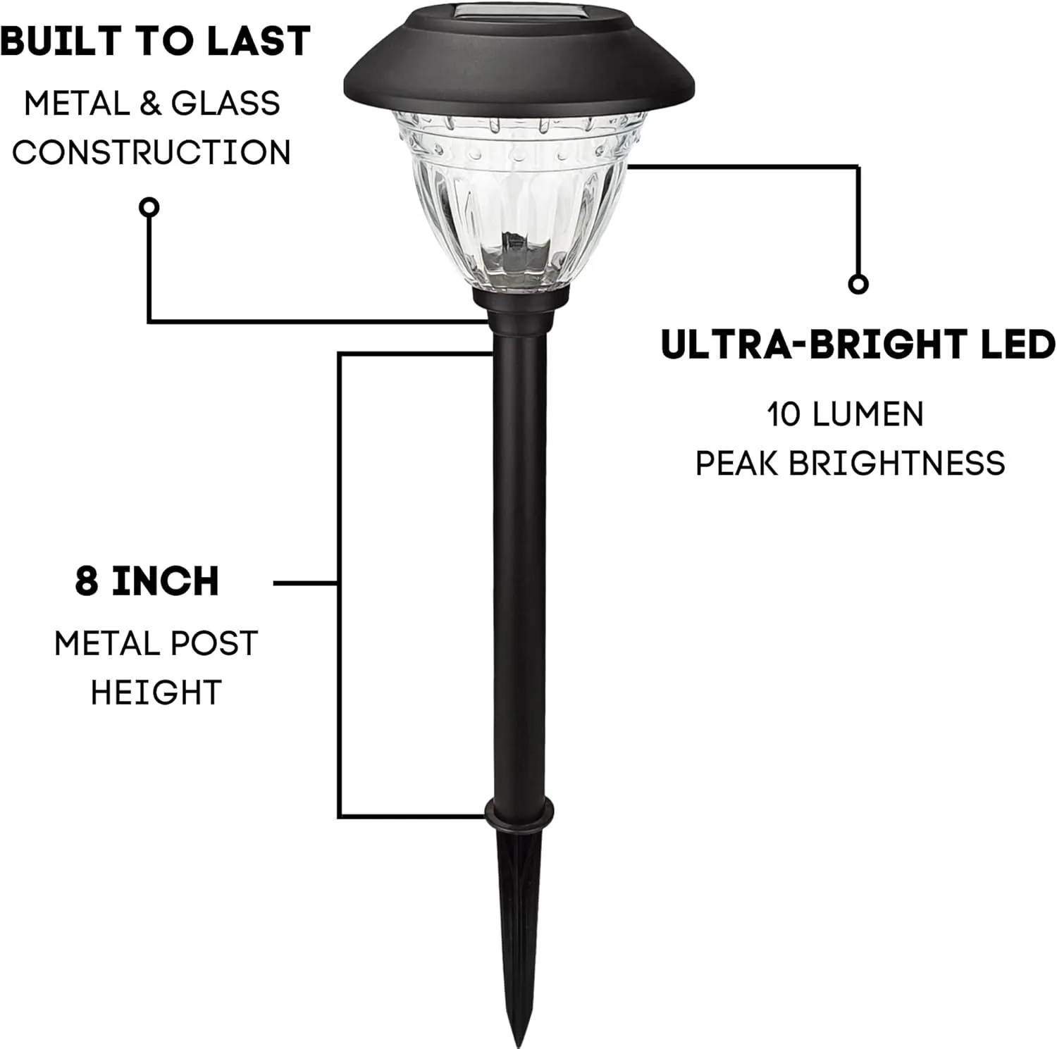 Energizer LED Solar Pathway Lights - 10 Pack of [Black] Outdoor Solar Lights - IP65 Waterproof w/Auto On/Off - Patterned Glass and Metal Construction Coated in Black
