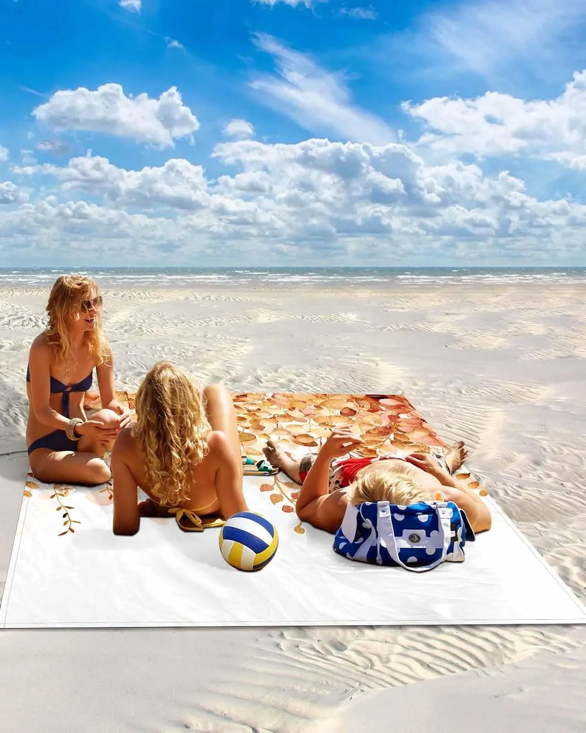 Eucalyptus Beach Blanket Large with Stakes Waterproof Sandproof Beach Mat with Corner Pockets for Outdoor Travel Camping Hiking Picnic Essentials,Spring Summer Orange Plant Leaves Simple White 83"x79"