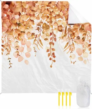 Eucalyptus Beach Blanket Large with Stakes Waterproof Sandproof Beach Mat with Corner Pockets for Outdoor Travel Camping Hiking Picnic Essentials,Spring Summer Orange Plant Leaves Simple White 83"x79"