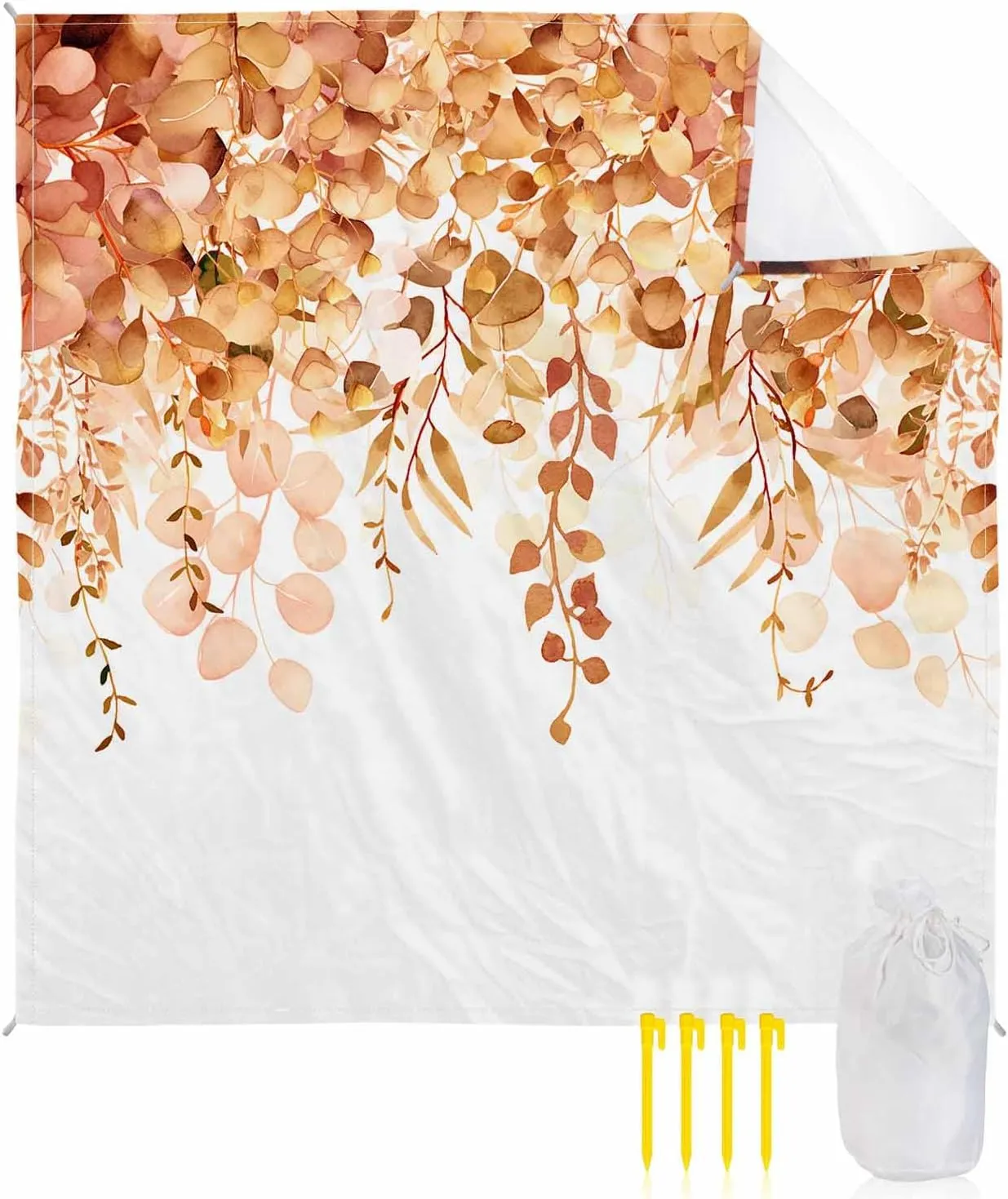 Eucalyptus Beach Blanket Large with Stakes Waterproof Sandproof Beach Mat with Corner Pockets for Outdoor Travel Camping Hiking Picnic Essentials,Spring Summer Orange Plant Leaves Simple White 83"x79"