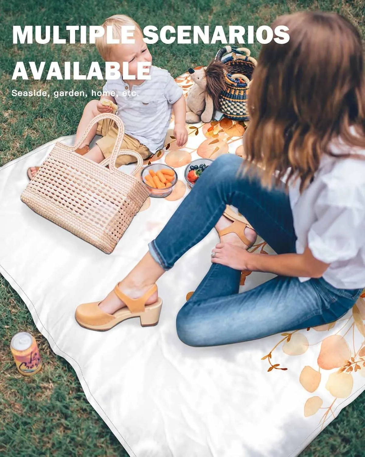 Eucalyptus Beach Blanket Large with Stakes Waterproof Sandproof Beach Mat with Corner Pockets for Outdoor Travel Camping Hiking Picnic Essentials,Spring Summer Orange Plant Leaves Simple White 83"x79"