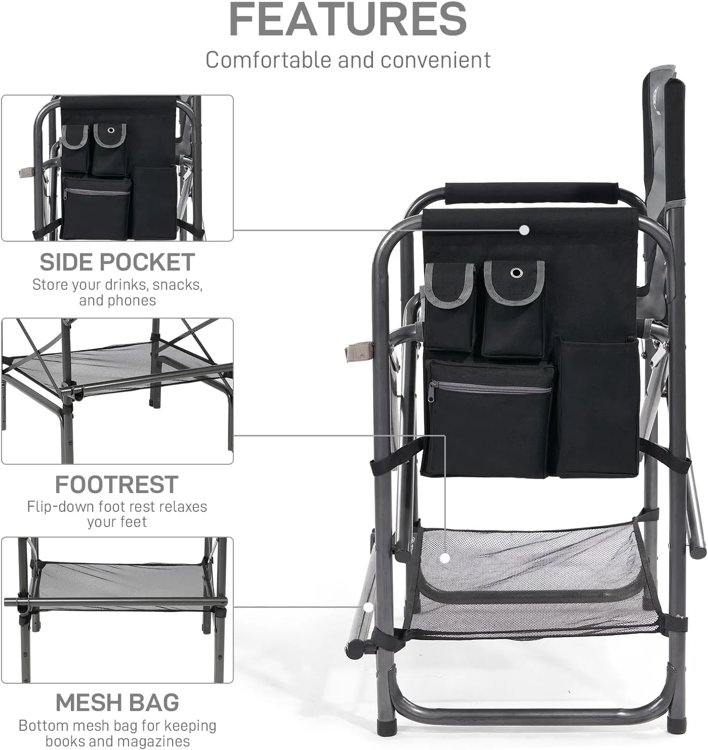 EVER ADVANCED Medium Tall Directors Chair Foldable Makeup Artist Chair Bar Height with Side Table Cup Holder and Pocket Footrest, Supports 400LBS (Grey, Seat Height: 23.2 inches)