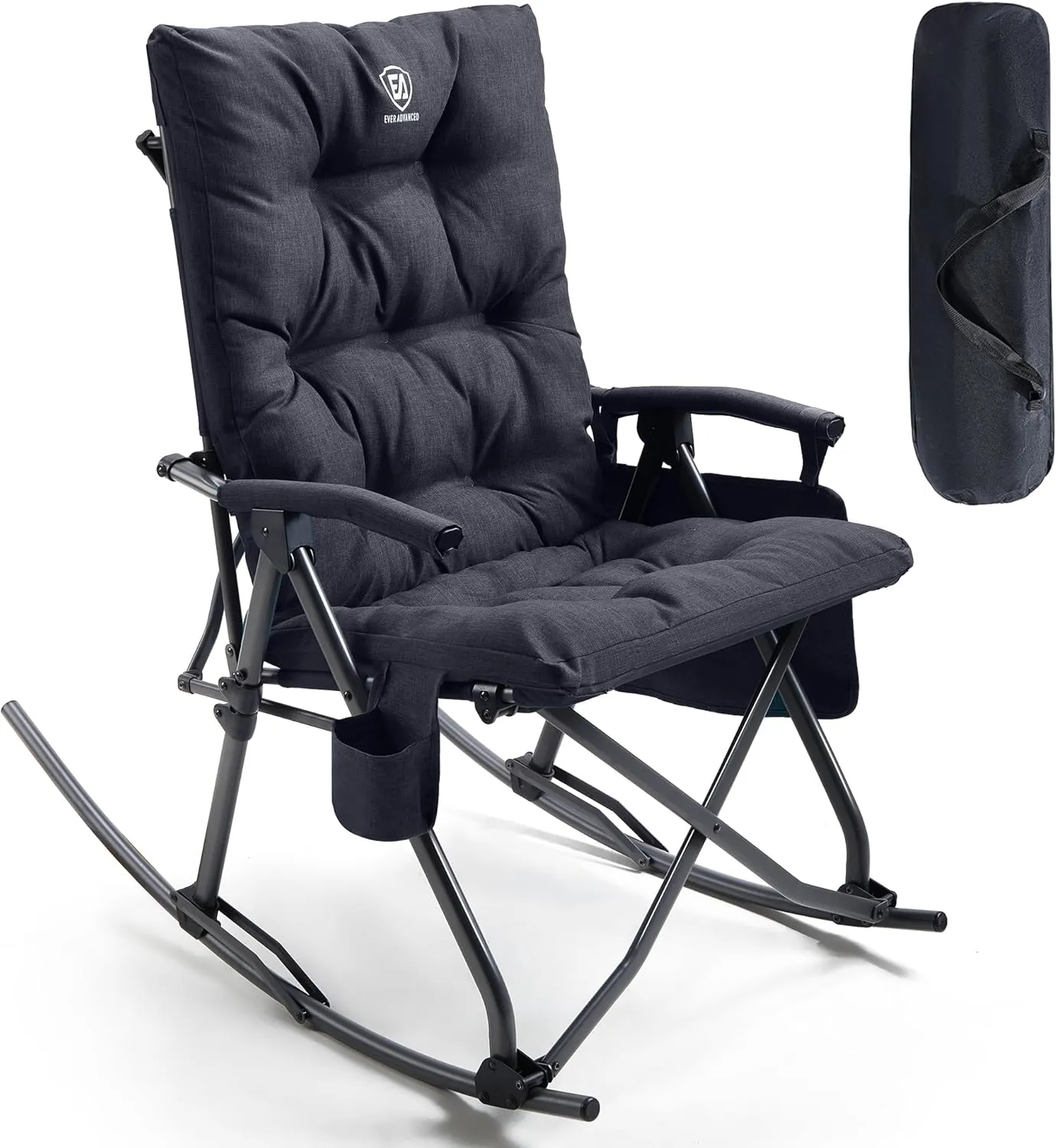 EVER ADVANCED Oversized Folding Rocking Camping Chair, Padded Portable Rocker Chairs for Patio, Lawn and Outdoors, Heavy Duty Hard Armchair for Adults Supports 400lbs, Black