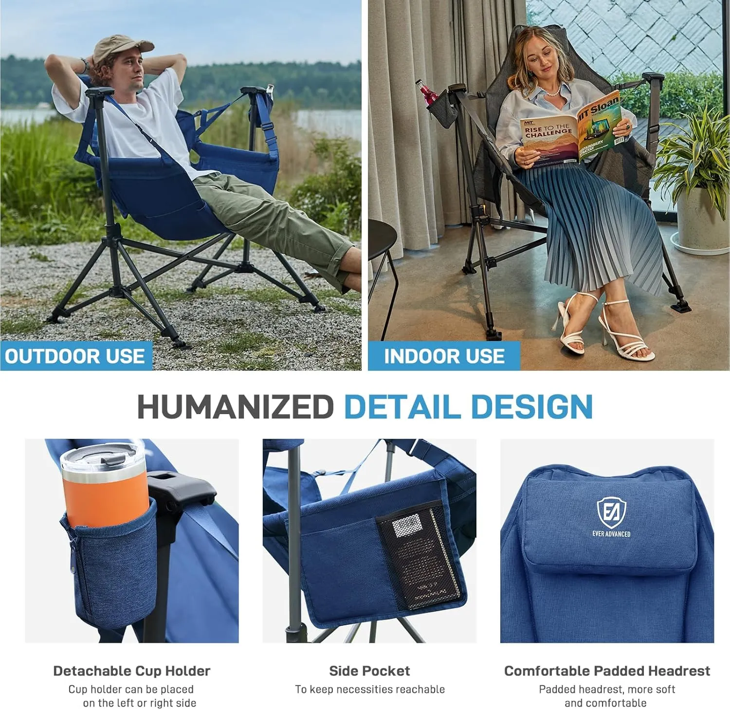 EVER ADVANCED Padded Hammock Camping Chair, Oversized Heavy Duty Swing Chair with Detachable Cup Holder, Portable Folding Rocking Camping Chair, Support Up to 400lbs