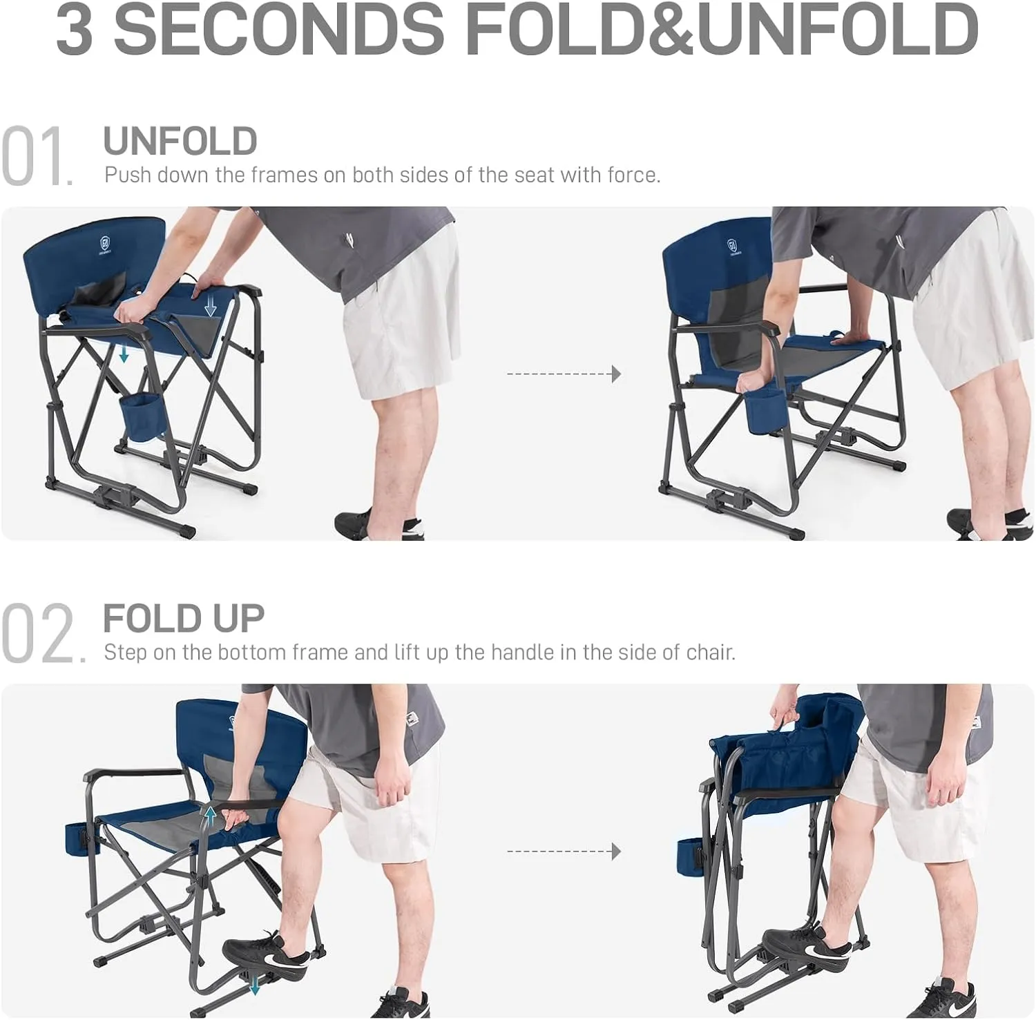 EVER ADVANCED Rocking Chair Outdoor, Quick Set Rocker Camping Chair for Adult, Foldable Rocker Chair Lightweight, Portable Folding Rocker Chair for Patio, Living Room, Balcony, Supports 300 LBS, Blue