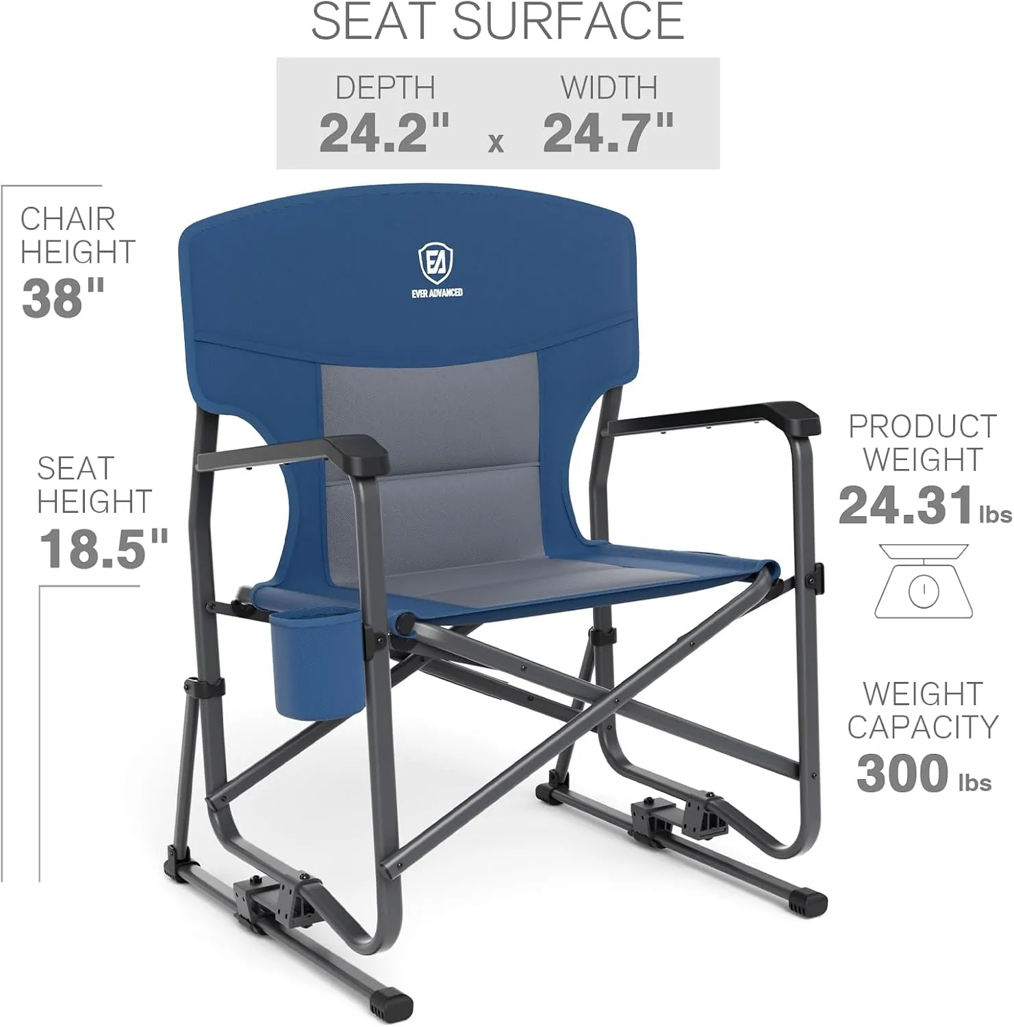 EVER ADVANCED Rocking Chair Outdoor, Quick Set Rocker Camping Chair for Adult, Foldable Rocker Chair Lightweight, Portable Folding Rocker Chair for Patio, Living Room, Balcony, Supports 300 LBS, Blue
