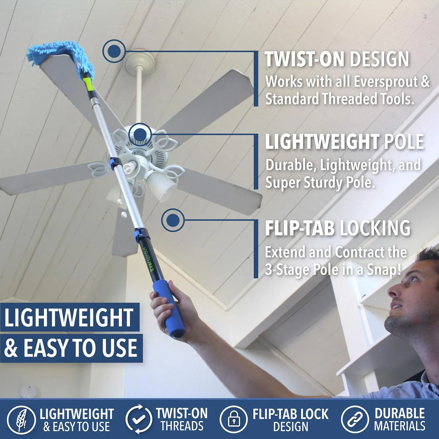 EVERSPROUT 1.5-to-3 Foot Telescopic Extension Pole | Lightweight Sturdy Aluminum Handle | Easy to Use Flip-Tab Lock Mechanism | Twist-On Metal Tip Works for Squeegee, Duster, Paint Roller (Pole only)