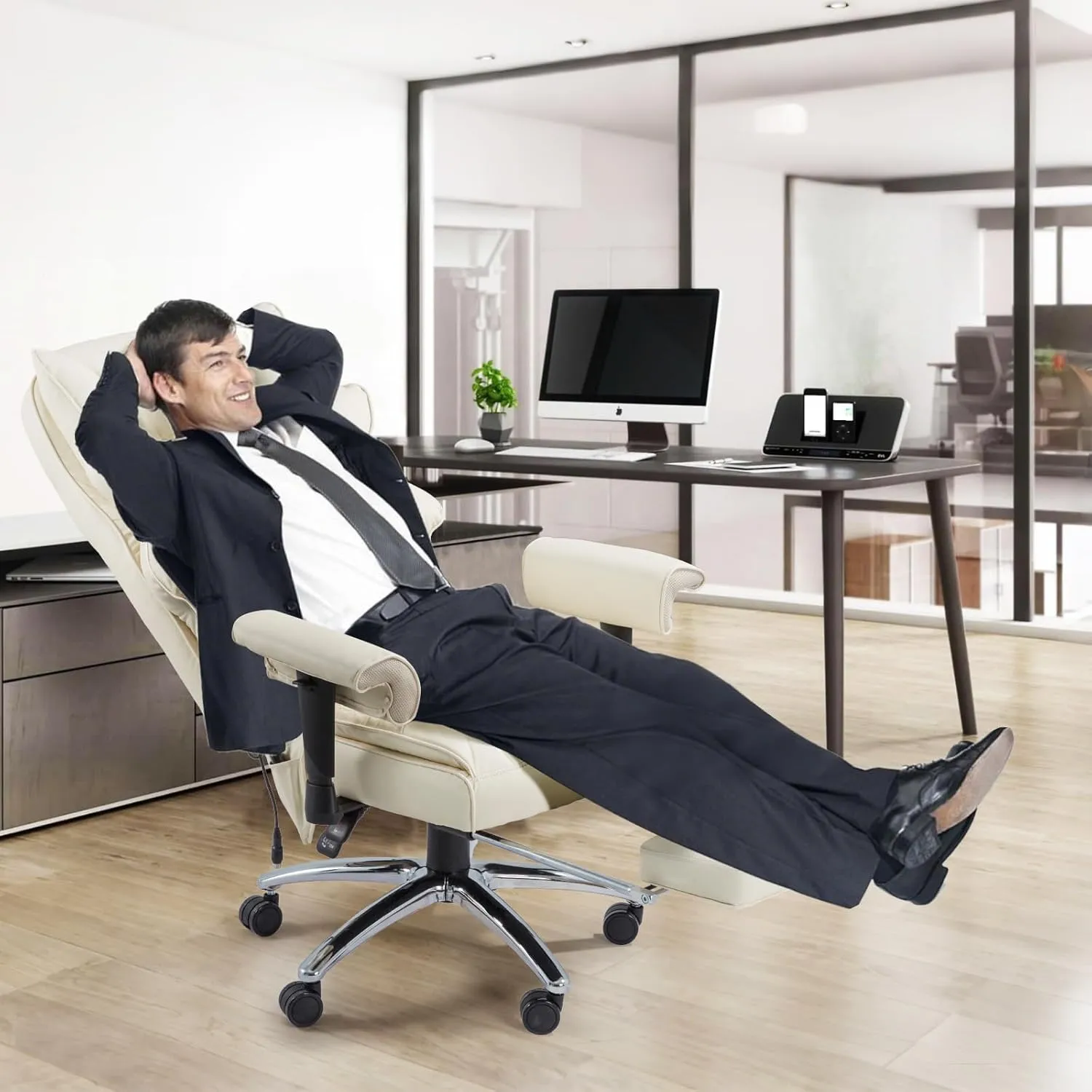 Executive Office Chair, 6-Point Massage Office Chair with Heating Function, High Back PU Leather & Ergonomic Lumbar Support