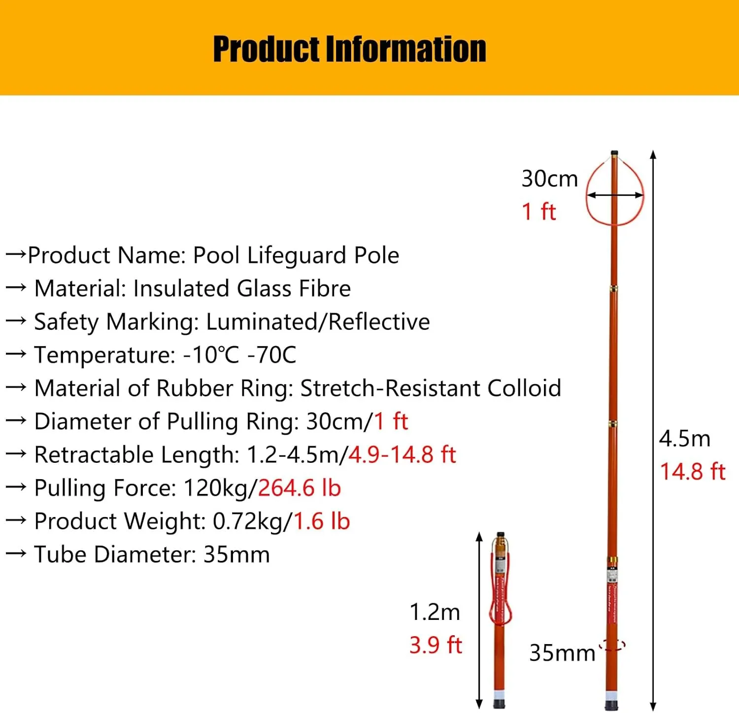 Extended Water Rescue Pole, 14.8ft Adjustable Lifesaving Tool, 120KG Load Capacity, Professional Safety Pole for Pools, Beaches, Yachts & Water Parks