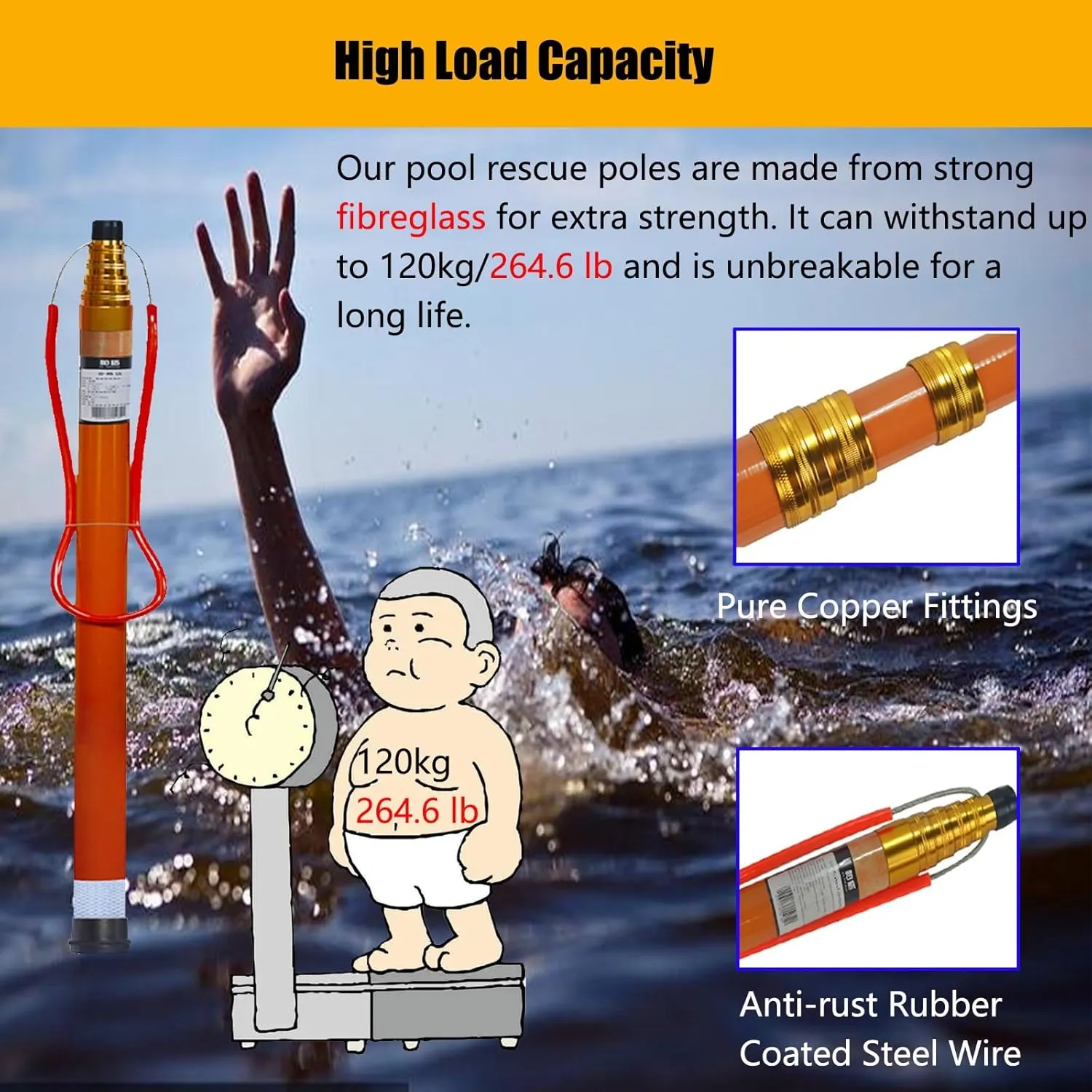 Extended Water Rescue Pole, 14.8ft Adjustable Lifesaving Tool, 120KG Load Capacity, Professional Safety Pole for Pools, Beaches, Yachts & Water Parks