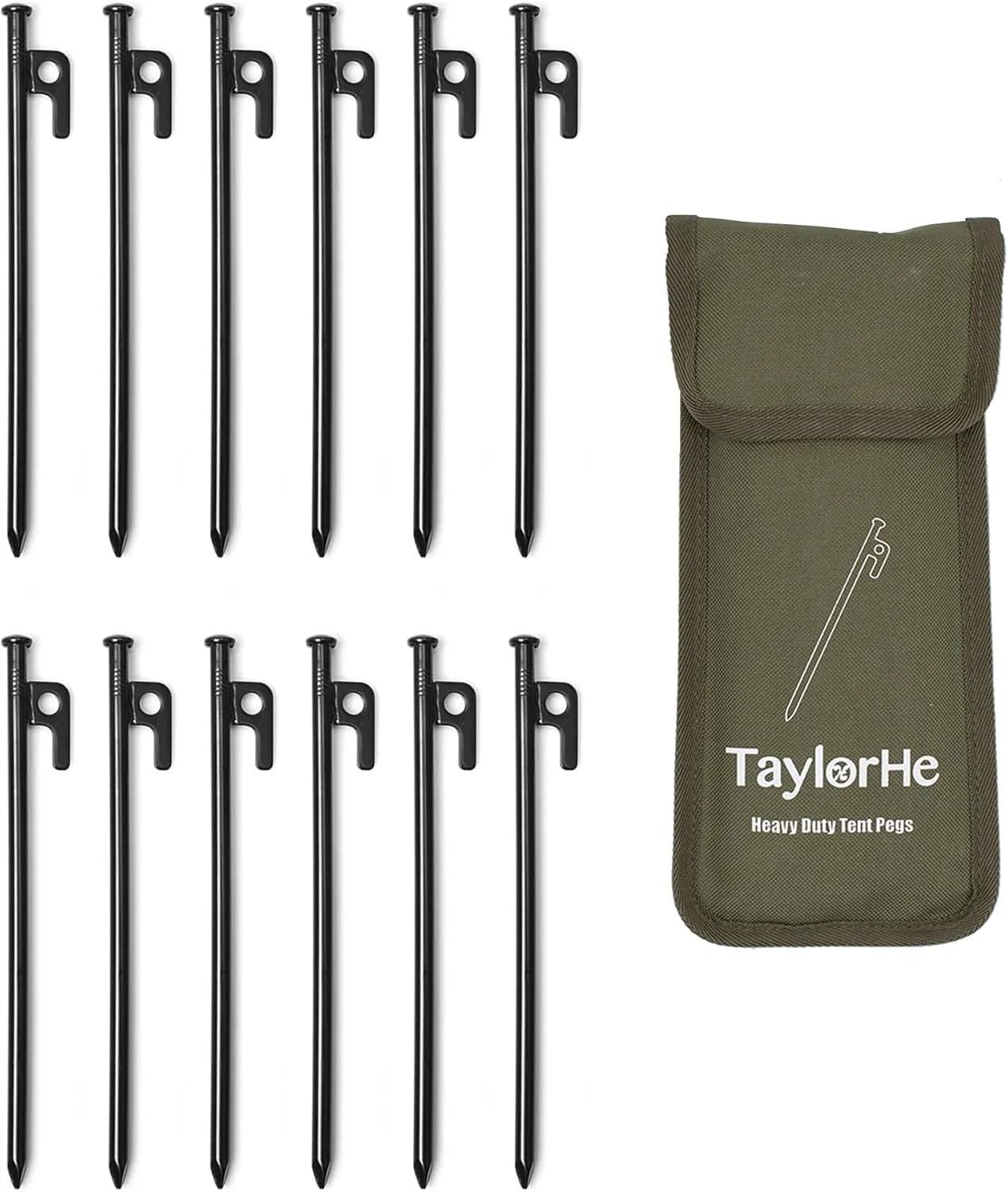 Extra Strong Tent Stakes 12 Pack - 10inch Tent Stakes Heavy Duty Metal Stakes for Ground with Carrying Pouch for Hard Ground Sandy Gravel Outdoor Travelling Hiking