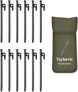 Extra Strong Tent Stakes 12 Pack - 10inch Tent Stakes Heavy Duty Metal Stakes for Ground with Carrying Pouch for Hard Ground Sandy Gravel Outdoor Travelling Hiking