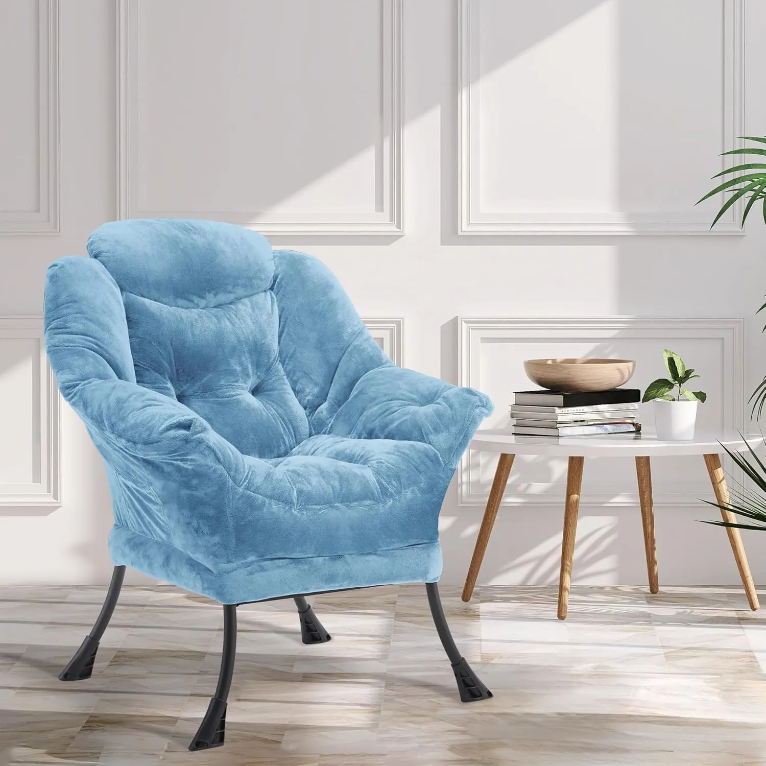 Fabric Lazy Chair for Adults, Oversized Upholstered Sofa Chair, Plush Comfy Lounge Chair with Large Side Storage Pocket, Thick Padded Reading Chair for Living Room, Bedroom, Study Room, Blue