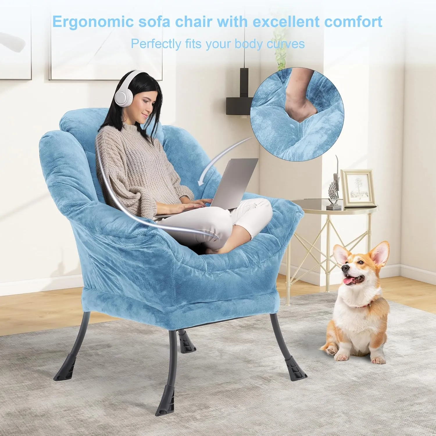 Fabric Lazy Chair for Adults, Oversized Upholstered Sofa Chair, Plush Comfy Lounge Chair with Large Side Storage Pocket, Thick Padded Reading Chair for Living Room, Bedroom, Study Room, Blue