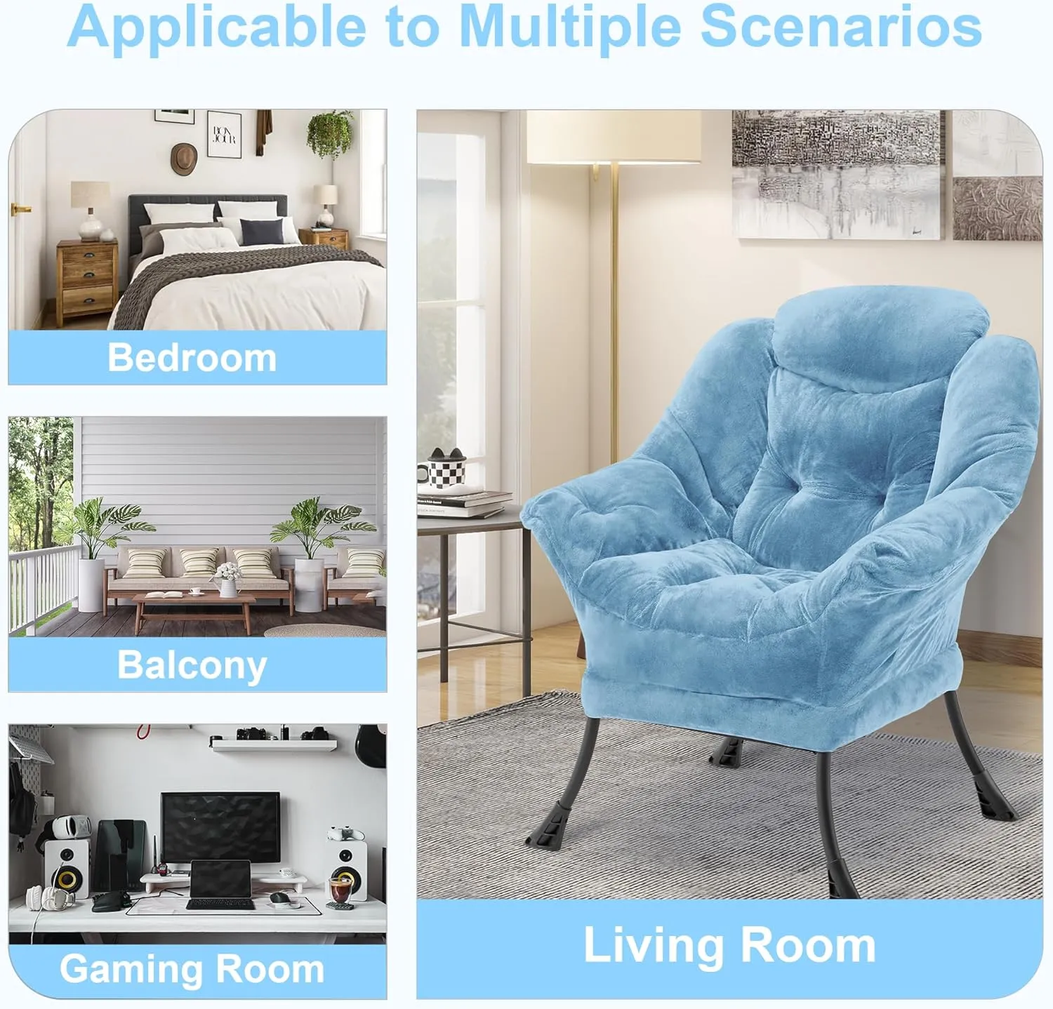 Fabric Lazy Chair for Adults, Oversized Upholstered Sofa Chair, Plush Comfy Lounge Chair with Large Side Storage Pocket, Thick Padded Reading Chair for Living Room, Bedroom, Study Room, Blue