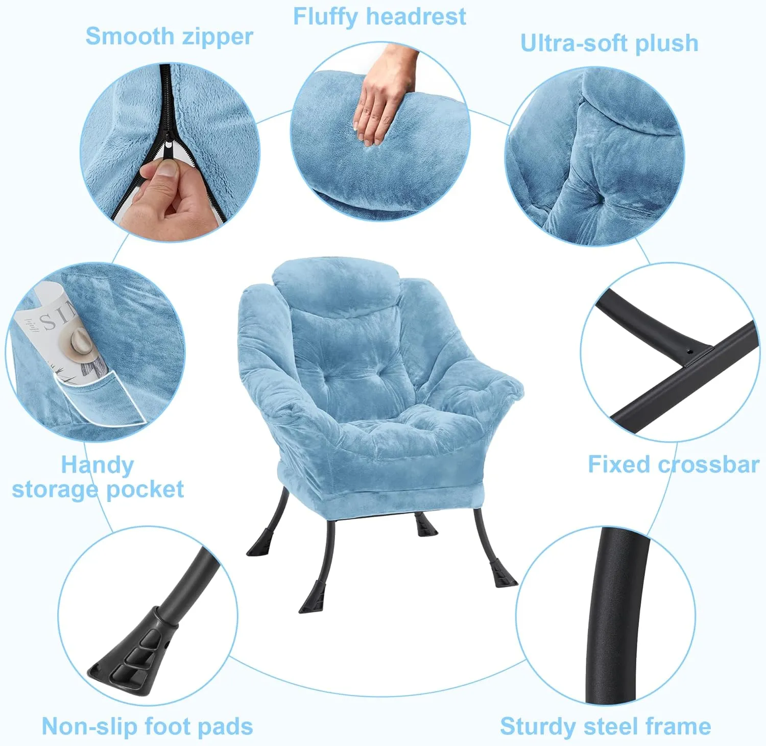 Fabric Lazy Chair for Adults, Oversized Upholstered Sofa Chair, Plush Comfy Lounge Chair with Large Side Storage Pocket, Thick Padded Reading Chair for Living Room, Bedroom, Study Room, Blue
