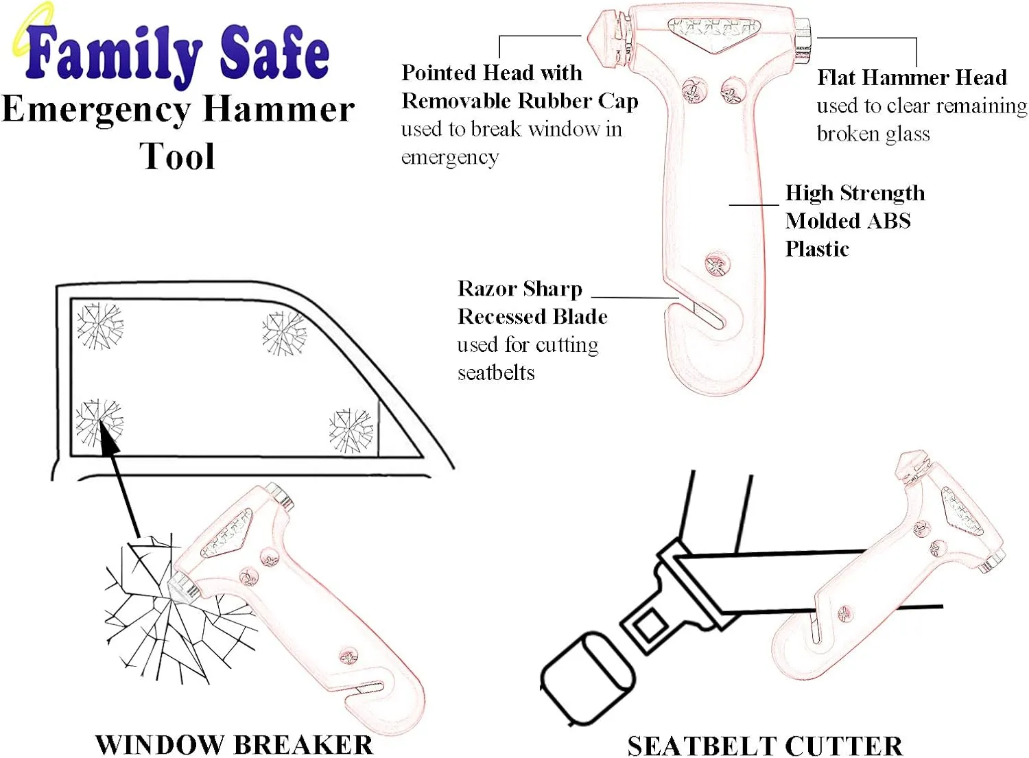 Family Safe 4 Pack Emergency Escape Tool - Seatbelt Cutter Window Breaker