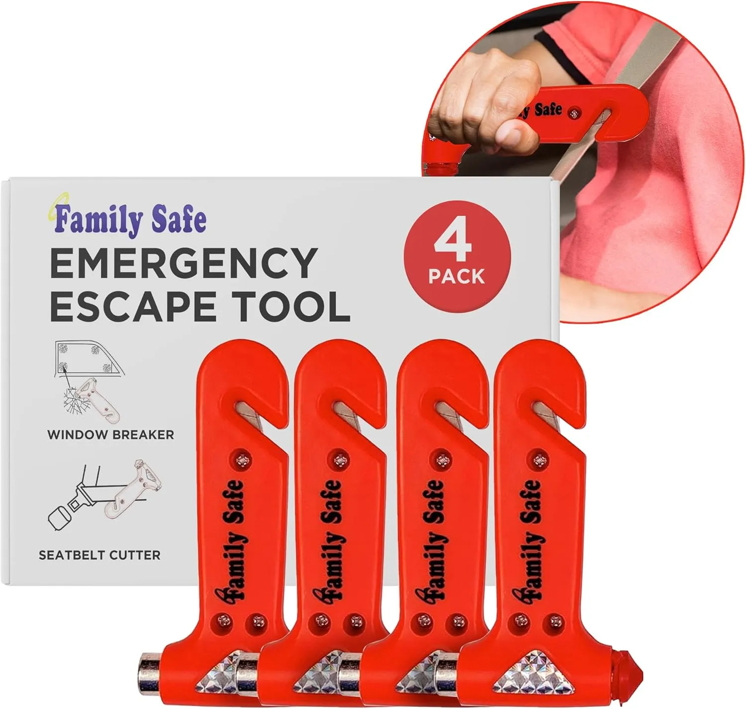 Family Safe 4 Pack Emergency Escape Tool - Seatbelt Cutter Window Breaker