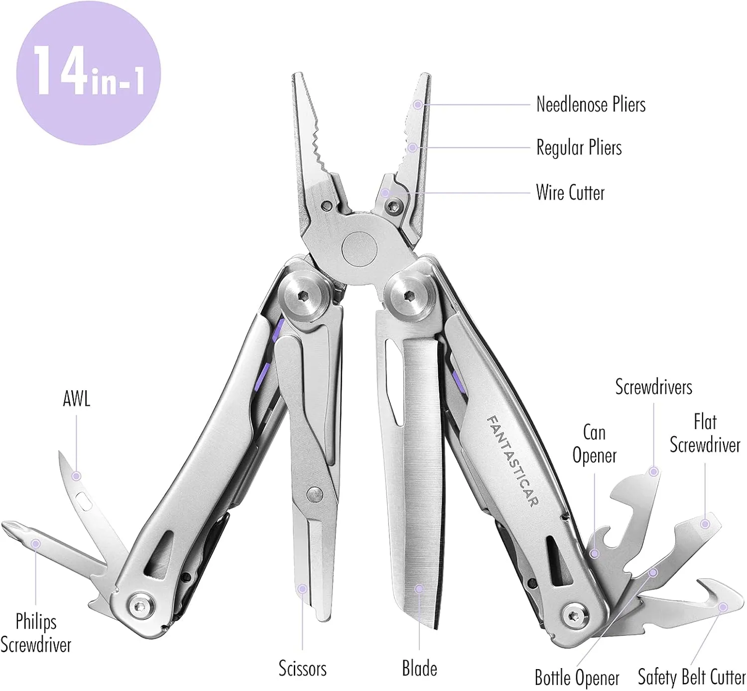 FantastiCAR 14 in 1 Multitool Pliers, Versatile Pocket Knife with Scissors, Knife Blade, Screwdriver, Bottle Opener, and Ideal for House or Camping Essentials, Holiday Gift Packaged (Purple)