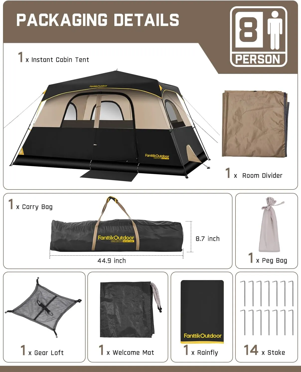 FanttikOutdoor Camping Tent 4/6/8/10 Person Instant Cabin Tent Setup in 60 Seconds with Rainfly & Windproof Portable with Carry Bag for Family Camping & Hiking