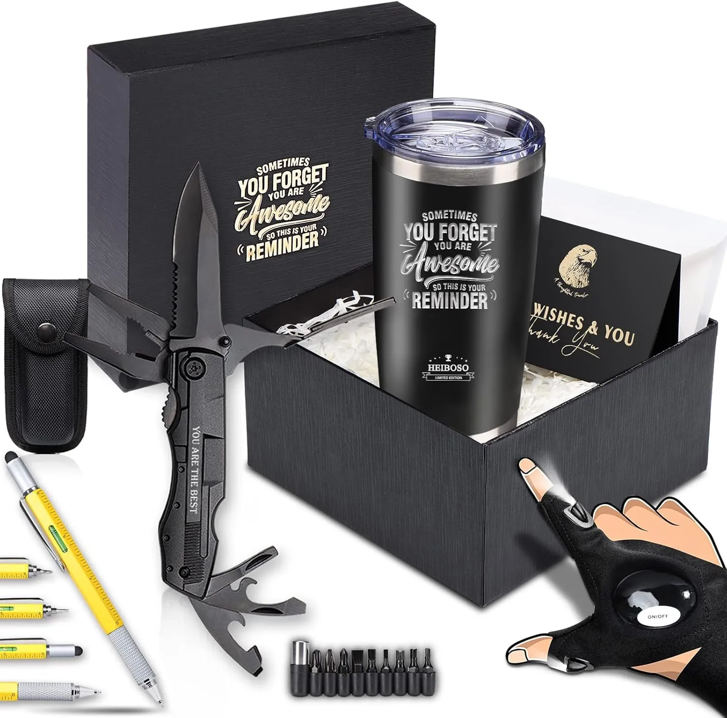 Father's Day Best Gifts for Dad - 6-in-1 Gift Set with Stainless Steel Tumbler,Multi-Tool Knife,LED Gloves & Tool Pen Keepsake Box | Last Minute Birthday, for Men,Husband