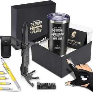Father's Day Best Gifts for Dad - 6-in-1 Gift Set with Stainless Steel Tumbler,Multi-Tool Knife,LED Gloves & Tool Pen Keepsake Box | Last Minute Birthday, for Men,Husband