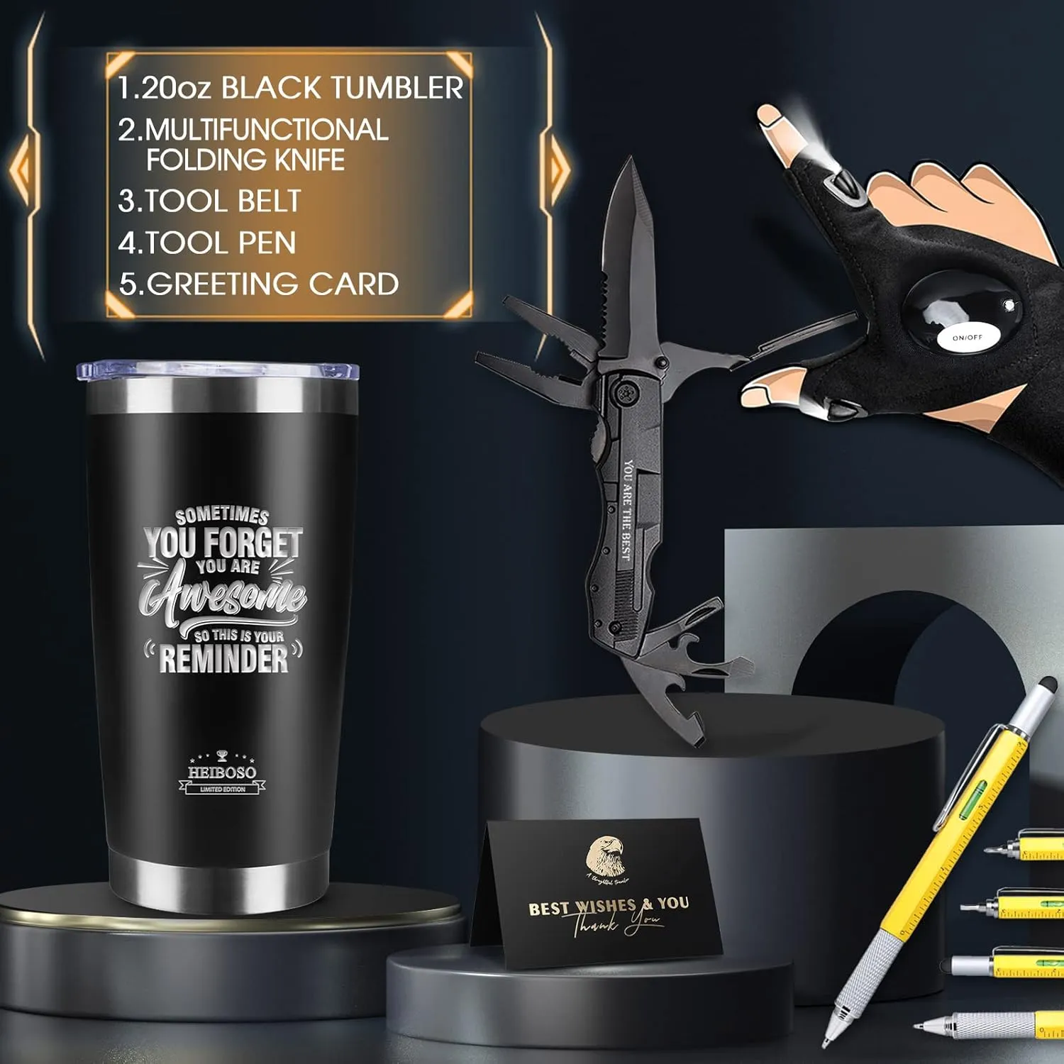 Father's Day Best Gifts for Dad - 6-in-1 Gift Set with Stainless Steel Tumbler,Multi-Tool Knife,LED Gloves & Tool Pen Keepsake Box | Last Minute Birthday, for Men,Husband