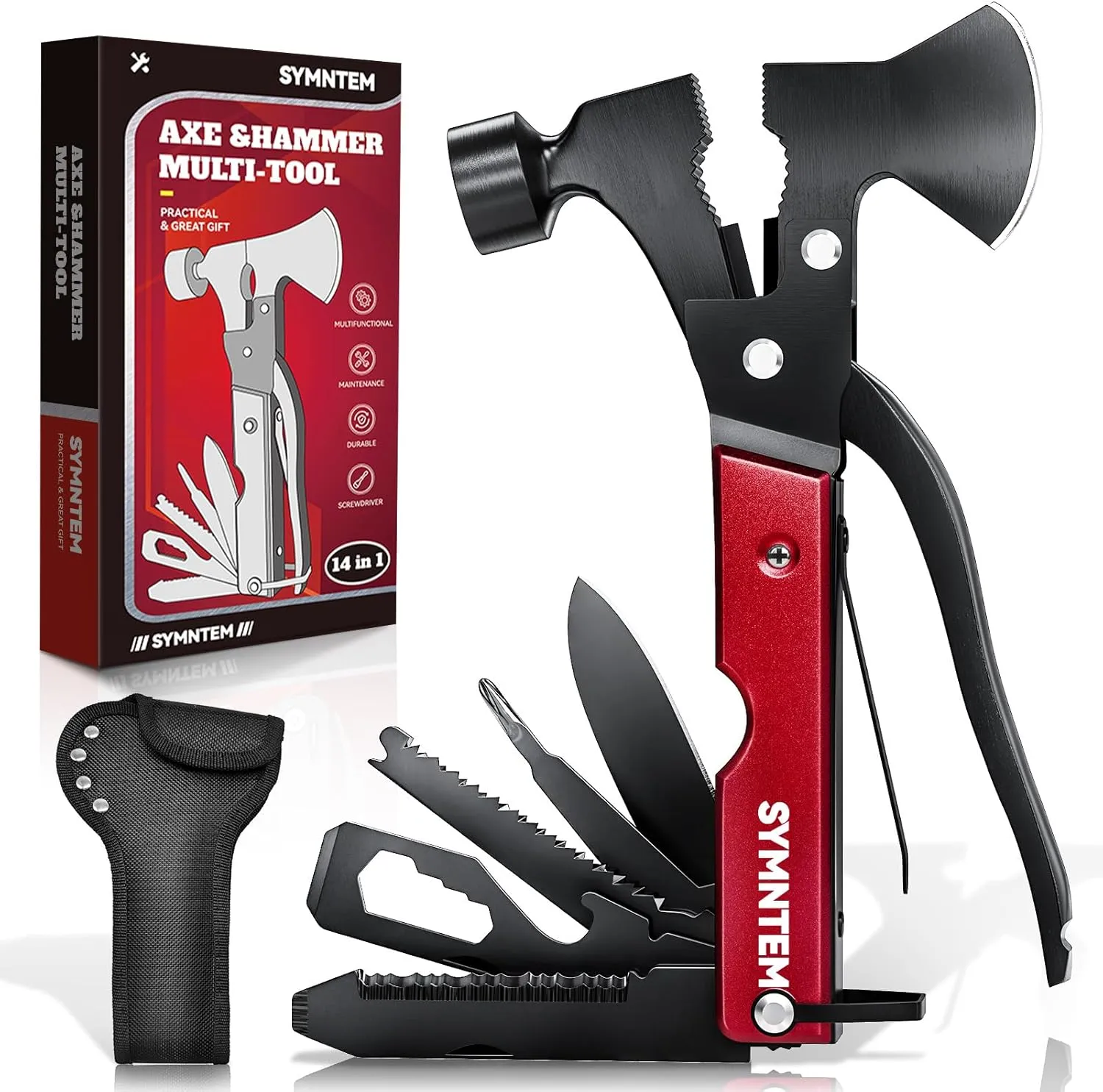 Fathers Day Gifts for Dad, 15-in-1 Multitool Axe Hatchet, Cool Gadgets Camping Accessories Multitool Must Haves for Adults Men, Birthday Gifts for Men, Gifts for Him, Women, Red