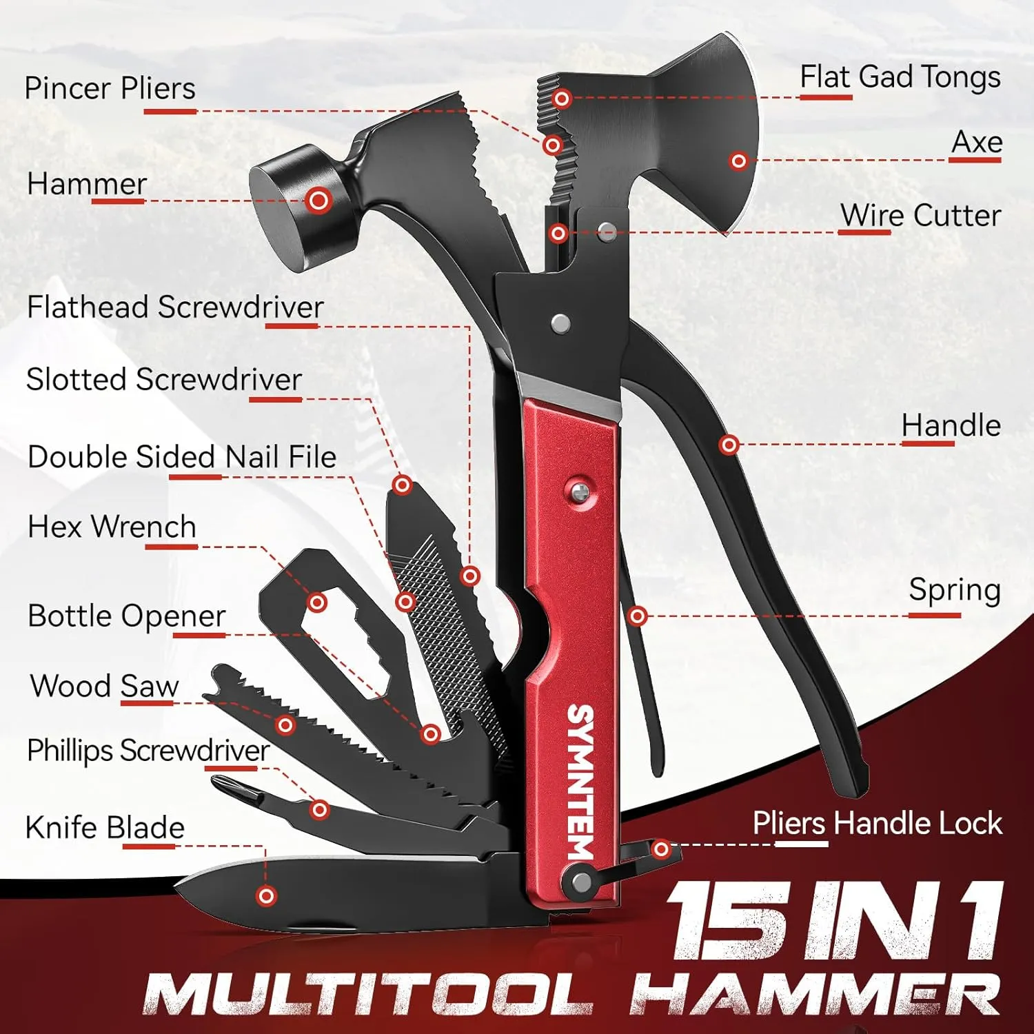Fathers Day Gifts for Dad, 15-in-1 Multitool Axe Hatchet, Cool Gadgets Camping Accessories Multitool Must Haves for Adults Men, Birthday Gifts for Men, Gifts for Him, Women, Red