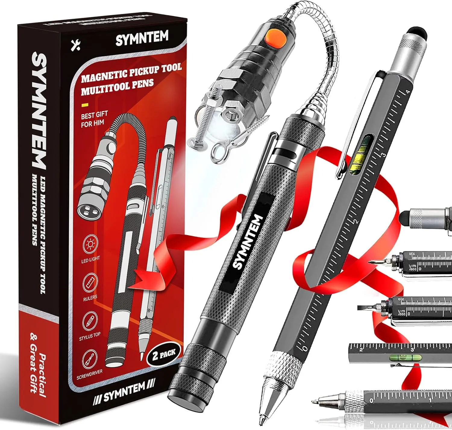 Fathers Day Gifts for Dad, Magnetic Pickup Tool, 6-in-1 Multitool Pen, Includes Touch Screen Stylus, Rulers, Bubble Level, Flathead, Phillips Screwdrivers, Ballpoint Pen, Gifts for Men, 2Pack