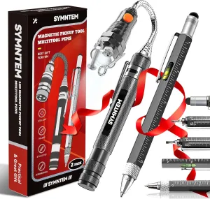 Fathers Day Gifts for Dad, Magnetic Pickup Tool, 6-in-1 Multitool Pen, Includes Touch Screen Stylus, Rulers, Bubble Level, Flathead, Phillips Screwdrivers, Ballpoint Pen, Gifts for Men, 2Pack