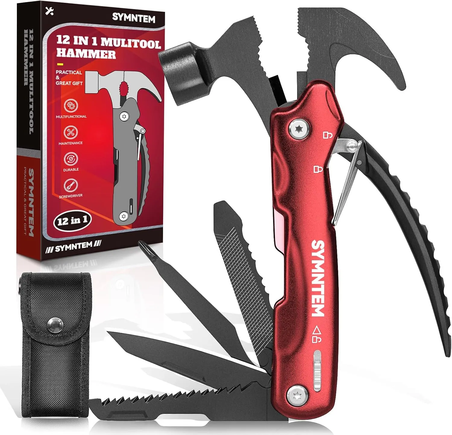Fathers Day Gifts for Dad,12-in-1 Hammer Multitool, Cool Gadgets Camping Accessories, Birthday Gifts for Men, Gifts for Him, Women, Cool Gadget Gifts for Men, Red