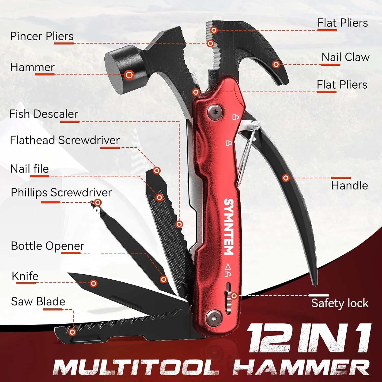 Fathers Day Gifts for Dad,12-in-1 Hammer Multitool, Cool Gadgets Camping Accessories, Birthday Gifts for Men, Gifts for Him, Women, Cool Gadget Gifts for Men, Red