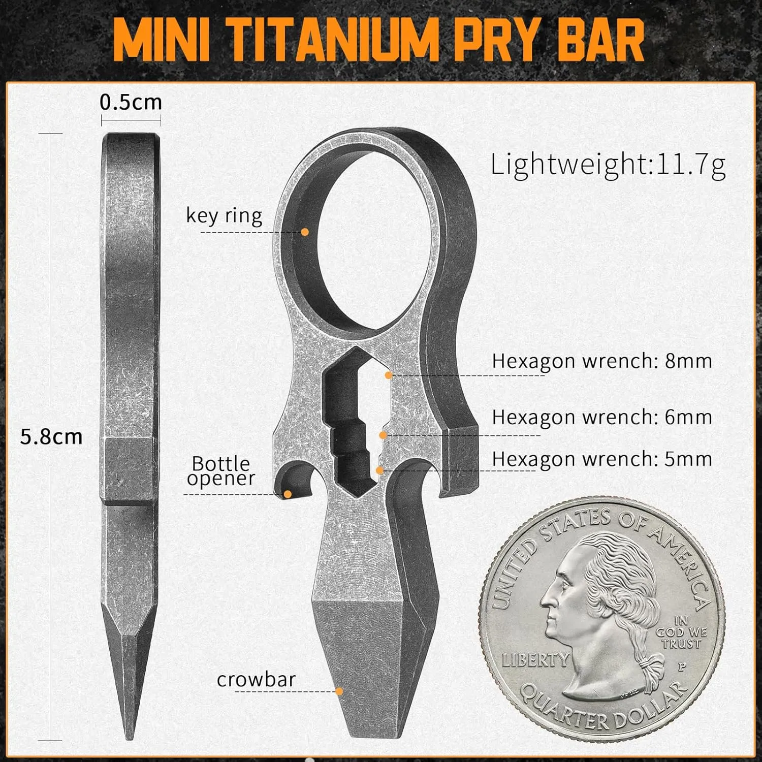 FEGVE Mini Titanium EDC Pry Bar Tool, Pocket Pry Bar, Small Prybar Keychain Multitool with Bottle Opener EDC Tool