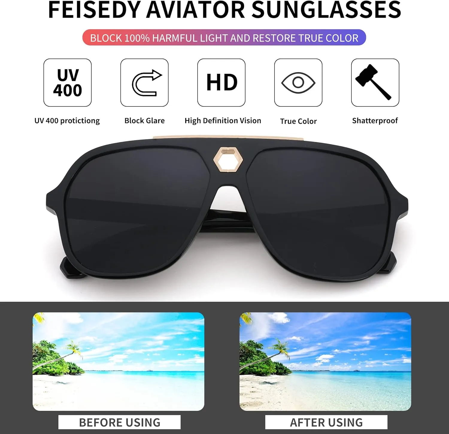 FEISEDY Retro Square 70s Sunglasses for Women Men Vintage Trendy Aviator Sun Glasses B2913