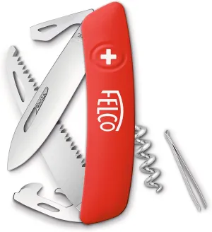 Felco Swiss Multitool Knife (F 505) Multi Purpose Steel Knife with Saw Blade, Corkscrew, Bottle Opener, No. 1 & No. 3 Screwdriver, Can Opener, & Tweezers