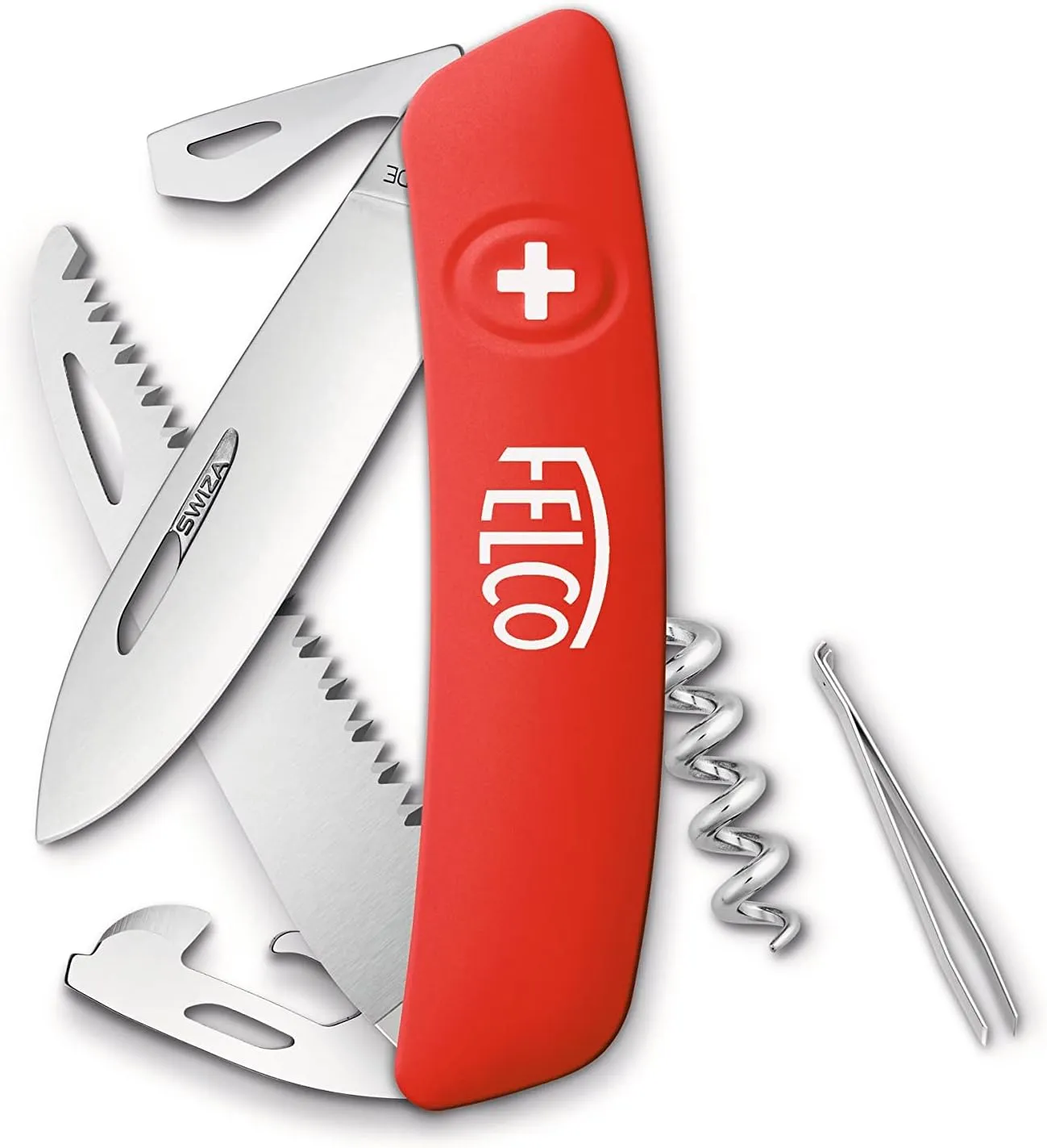 Felco Swiss Multitool Knife (F 505) Multi Purpose Steel Knife with Saw Blade, Corkscrew, Bottle Opener, No. 1 & No. 3 Screwdriver, Can Opener, & Tweezers