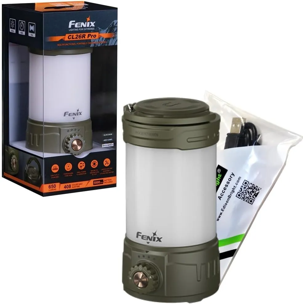 Fenix CL26R Pro 650 Lumen USB Rechargeable White/red Output Camping Lantern/Work Light, Rechargeable Battery with EdisonBright Charging Cable (Olive Darb)
