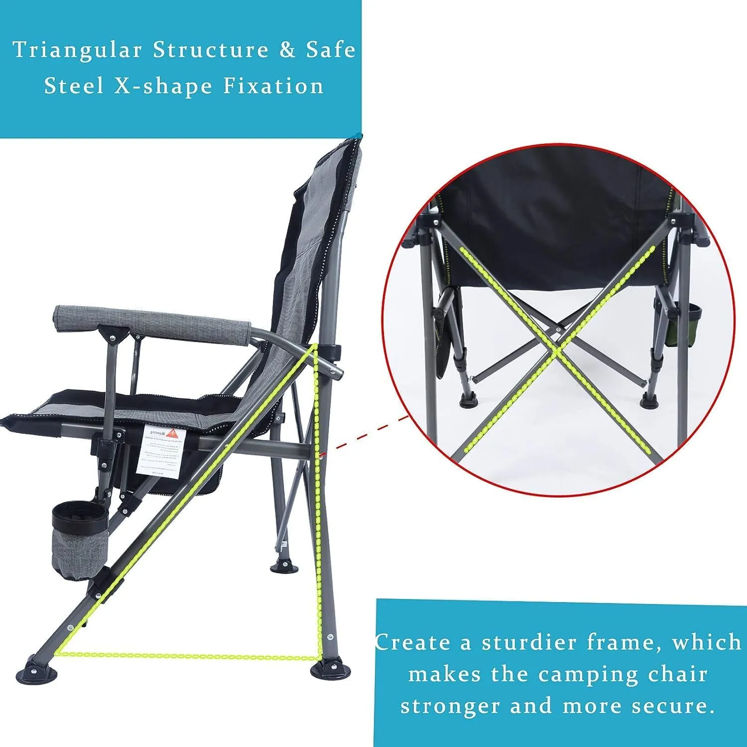 Fishing Chairs, Portable Camping Chair Folding Heavy Duty Quad Outdoor Large Chairs Support 330 lbs High Back Padded Thicken Oxford with Armrests, Storage Bag, Cup Holder, Carry Bag for Outside(Gray)